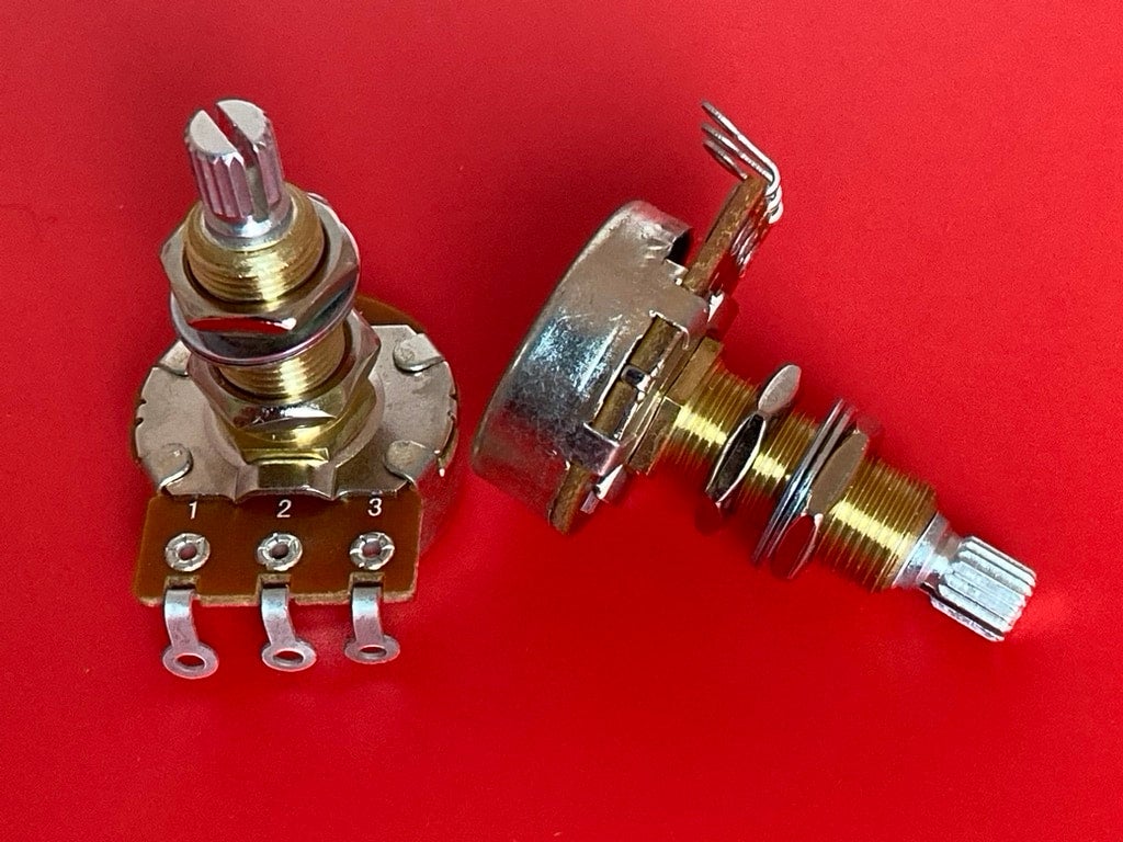 Bourns audio taper 500K guitar pots with brass bushing. Tone Man